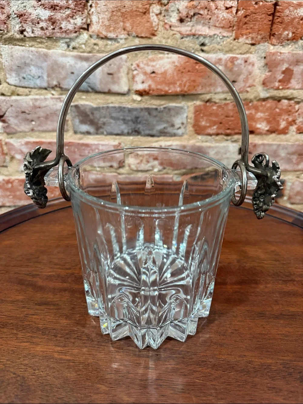 Vintage Italian Cut Glass Ice Bucket with Ornate Grape Handle